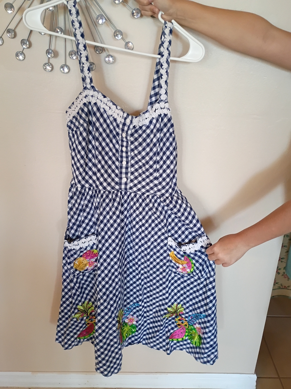 Lindy Bop Woman's Navy Blue Gingham Embroidered Sundress Fruit